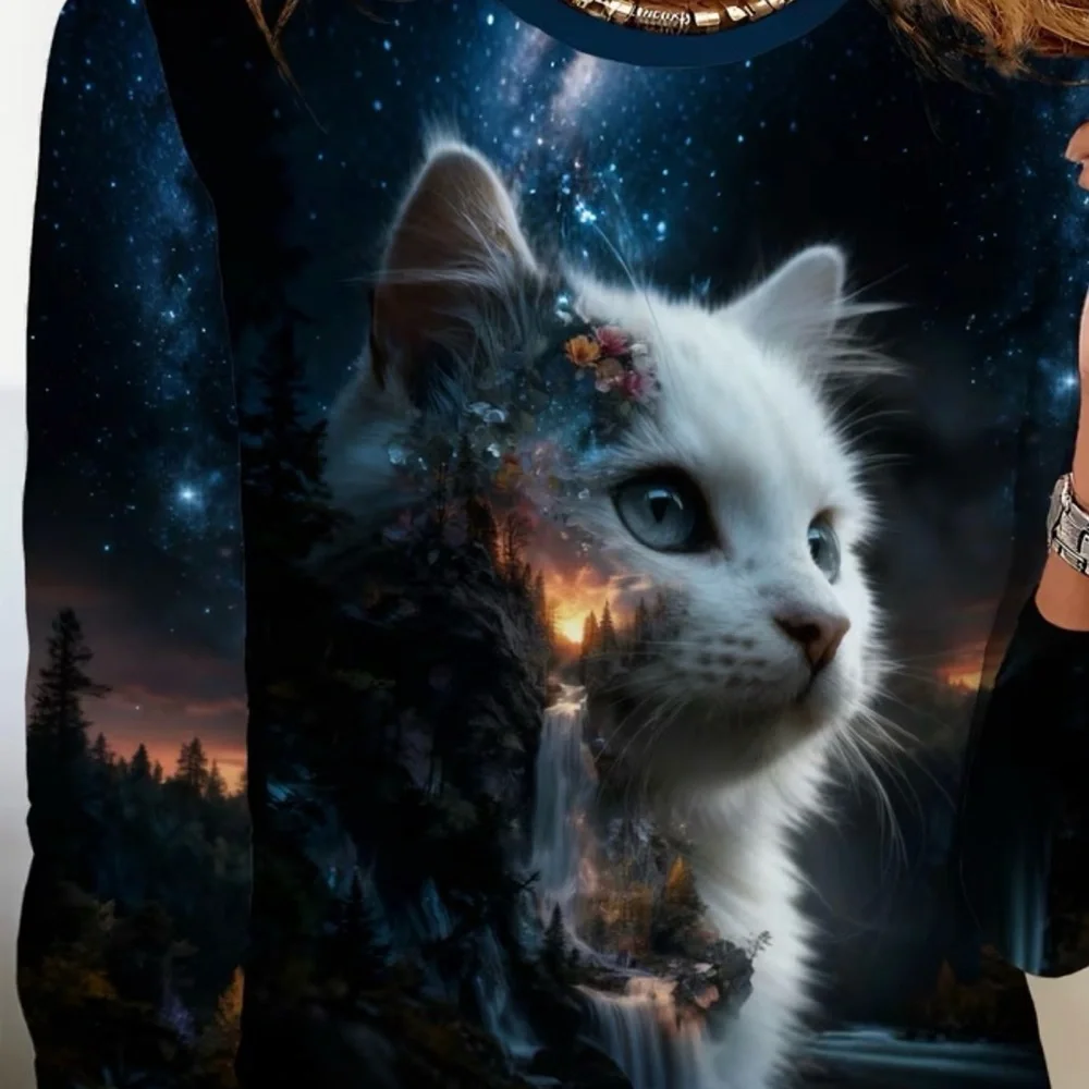 White Cat Galaxy Print Long Sleeved Shirt